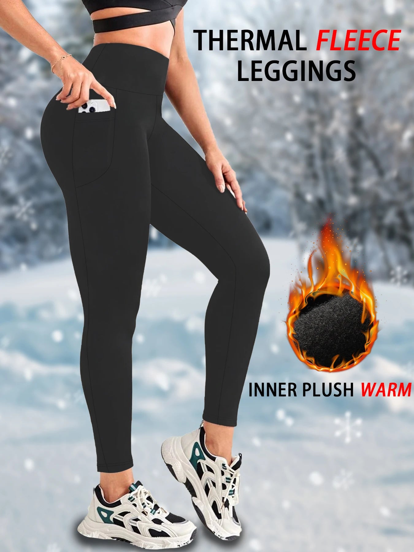 Womens Thermal Fleece Lined High Waisted with pockets Leggings, Workout Winter Warm Thick Tights Soft Yoga Running Pants.