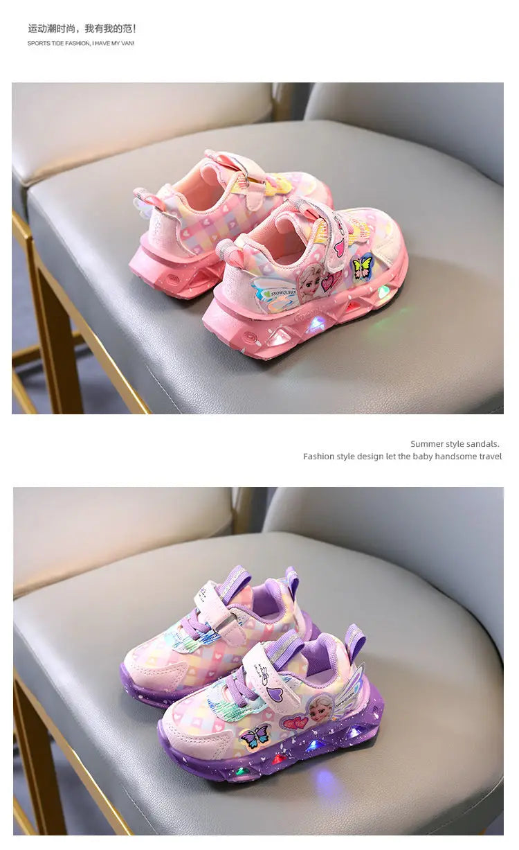 Disney LED Casual Sneakers For Spring Girls Frozen Elsa Princess Print Pu Leather Shoes Children Lighted Non-slip Pink Purple.