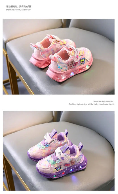 Disney LED Casual Sneakers For Spring Girls Frozen Elsa Princess Print Pu Leather Shoes Children Lighted Non-slip Pink Purple.