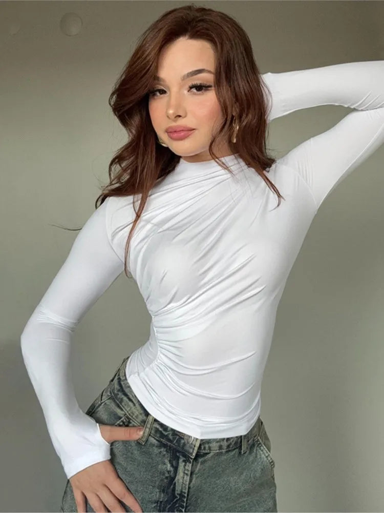 Solid Color High Neck Elegant  Tops For Woman Fashion Chic Pleated Long Sleeves Slim Shirt Spring Autumn Ladies Sexy Blouses.