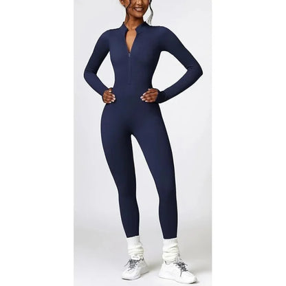 Seamless Long Sleeve Yoga Suit One-Piece Tightening Fitness Leisure Sports Jumpsuit with Zipper for Women