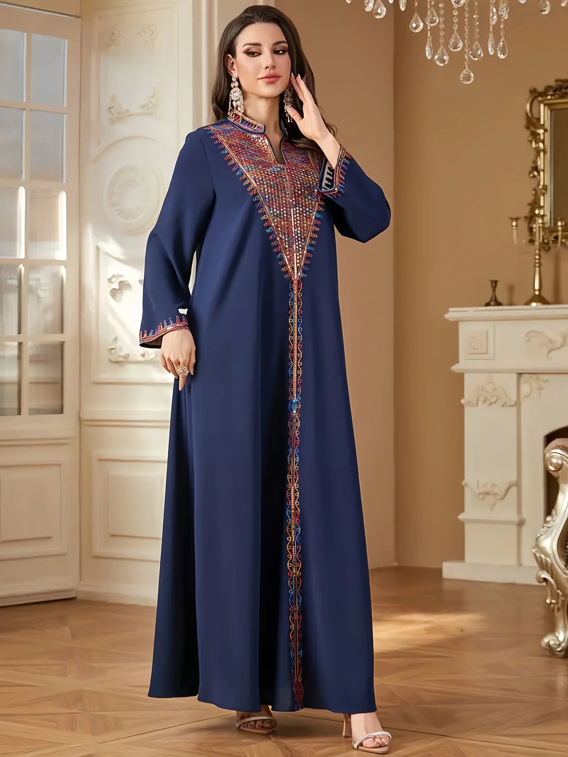 Trendy Muslim Abaya in Deep Blue Adorned with Intricate Multicolored Embroidery for Arabian Social Galas Modest Islam Fashion.