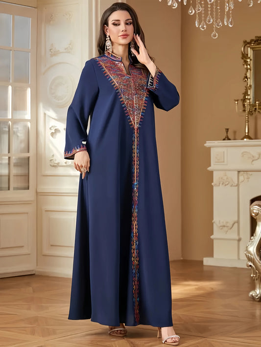 Trendy Muslim Abaya in Deep Blue Adorned with Intricate Multicolored Embroidery for Arabian Social Galas Modest Islam Fashion.