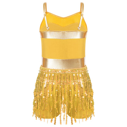 Kinder Mädchen Latin Tanz Kostüm Jazz Samba Cha-Cha Eiskunstlauf Trikot Kleid glänzende Pailletten Quaste Bodysuit für Bühnen performance.
