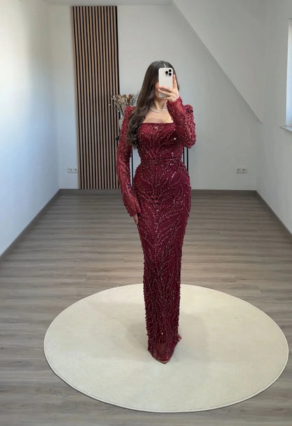 BABYONLINE Maßgeschneidertes Abendkleid All CoPearl Sleeve Full Crystals Etuikleid Abiye.