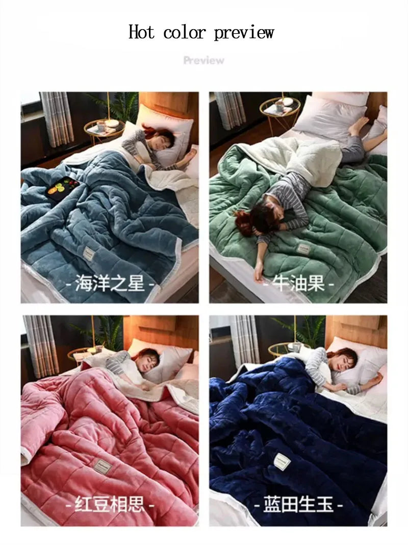 Coral Fleece Autumn Winter Warm Blankets for Bed 3 Layers Thicken Flannel Blanket Quilt Soft Comfortable Warmth Quilts Washable.