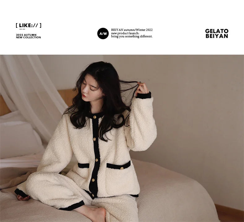Winter Women Warm Fashion Pajama Sets Sweet   Elegant French Style Girlish Leisure Thicken Flannel Comfort Pajamas