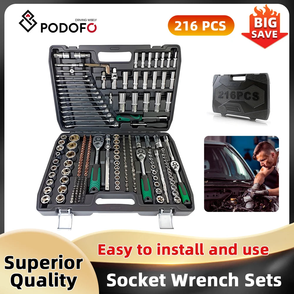 Podofo Steckschlüsselsätze 214 Stück 1/4 Zoll 3/8 Zoll 1/2 Zoll 24-Zahn Ergonomischer Ratschenschlüssel Mechaniker-Werkzeugsatz für die Autoreparatur
