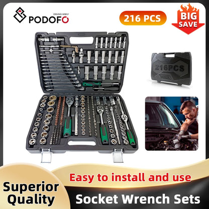 Podofo Steckschlüsselsätze 214 Stück 1/4 Zoll 3/8 Zoll 1/2 Zoll 24-Zahn Ergonomischer Ratschenschlüssel Mechaniker-Werkzeugsatz für die Autoreparatur
