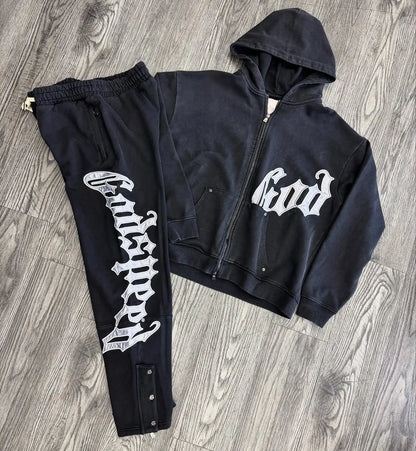 Y2k Retro Zipper Hoodie and Sweatpants 2-piece Set Washed Cotton Men Women Tracksuit Gothic Letter Loose Sweatshirt Jogger Suit.