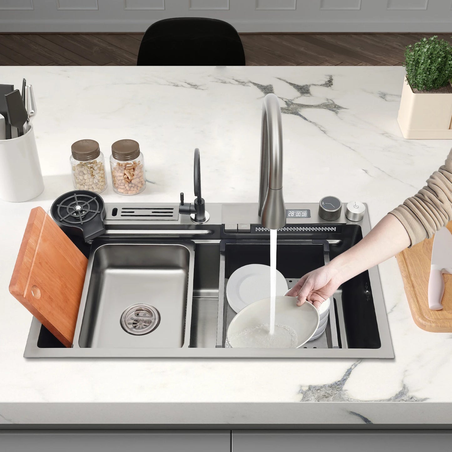 Einschalen Küchenspüle, intelligentes Wasserfallbecken, Arbeitsplatte, Küchenspüle, 75 x 46 x 22 cm, für Restaurants, Küchen, Utility-Rooms