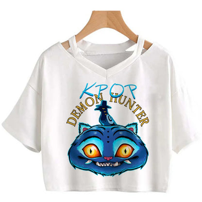 Kpop Demon Hunters Girls O-Neck Casual Women Summer Shirts Crop T-shirt.