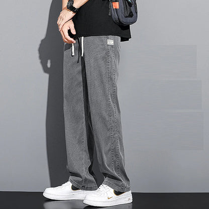 2024 Spring/Summer New Soft Lyocell Fabric Men's Jeans Thin Loose Straight Leg PantsDrawstring Elastic Waist Korean casual pants.