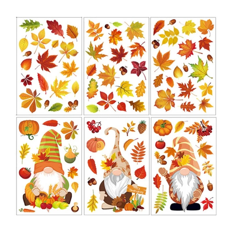 6 Sheets Autumn Thanksgiving Gnomes Window Clings Decal Fall Pumpkin Maple Leaf Electrostatic Stickers Wall Decor X3UC.