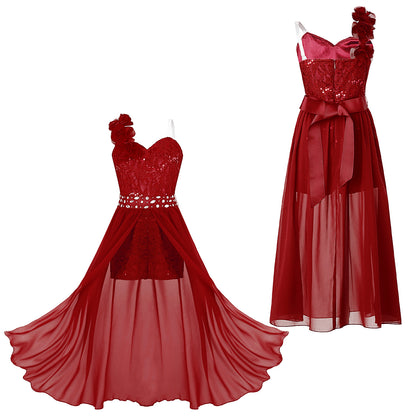 Elegantes Partykleid für Mädchen, Hochzeit, Geburtstag, Abschlussball, Bühne, Festzug, glänzende Pailletten, Perlenapplikation, Spitze, Chiffon, Overall-Kleider.