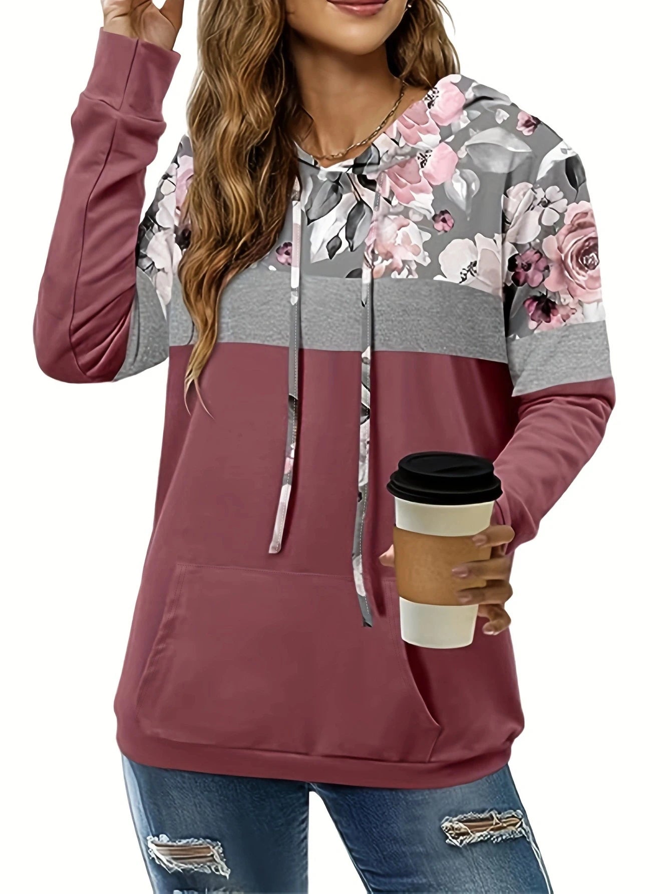 2024 Plus Size Herbst und Winter neue Damen Pullover Print Kapuze Pullover Tasche Langarm Top.