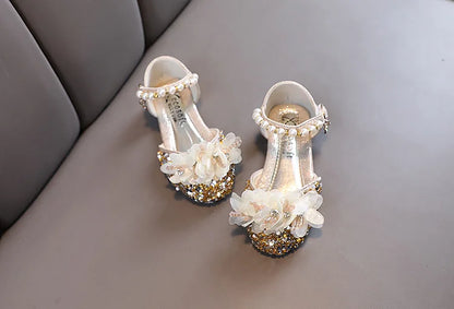 Fashion Children's Sandals 2024 Spring Summer Shining Flowers Sweet Girl Princess Shoes Dance Performance Kids Sandals J191.