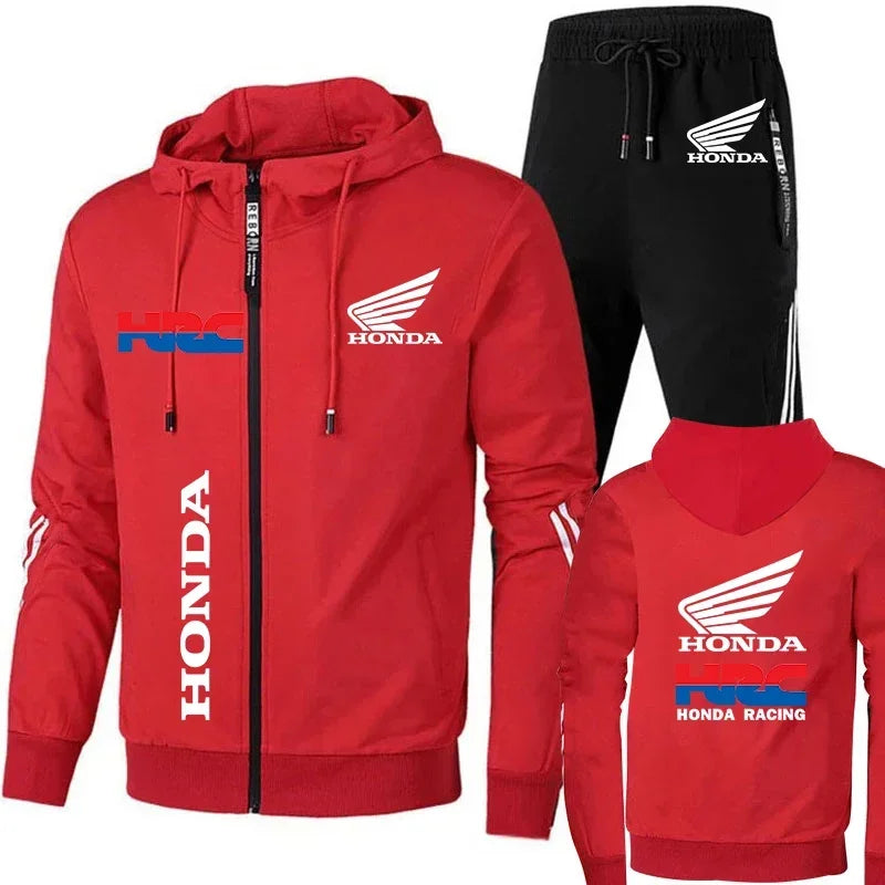 Honda Hoodie Sets Men's Clothing Honda Red Wings And HRC Logo Print Tracksuit Men Autumn Zip Up Hoodies+Pant Sets Men Honda Coat.