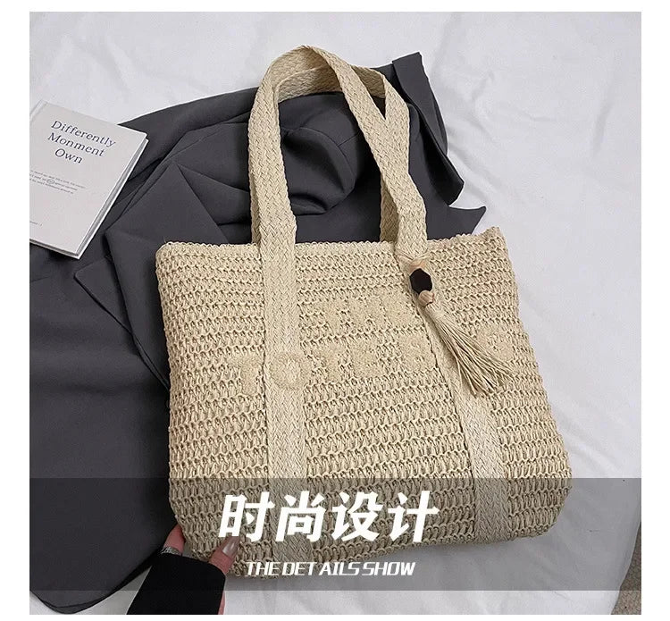 Summer Fashion Women's Large Capacity Shoulder Bag Straw Woven Bag Letter Embroidery Handbag Casual Female Tote Bag Beach Bags.