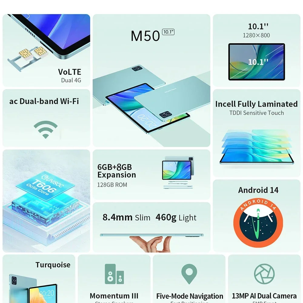 Teclast M50 Tablet 6GB RAM 128GB ROM Unisoc T606 Octa-core 10.1inch TDDI Android 14 WiFi BT5.0 6000mAh Type-C Tablet Case.