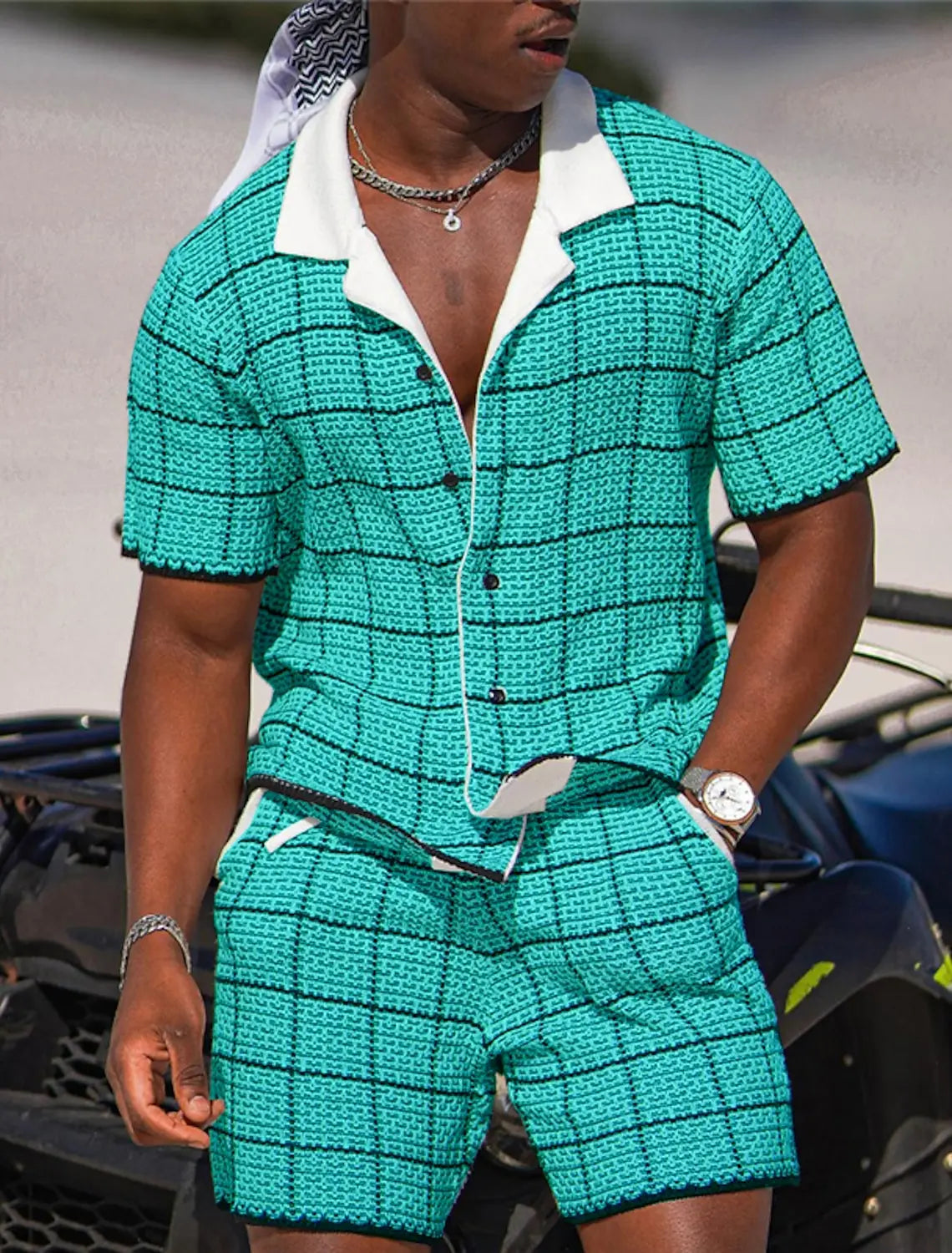 Men's Plaid Geometric Pattern Two-piece Shirt Hawaiian Short Sleeve Shirt Shorts Fashion Street Design Outdoor Nightclub Print.