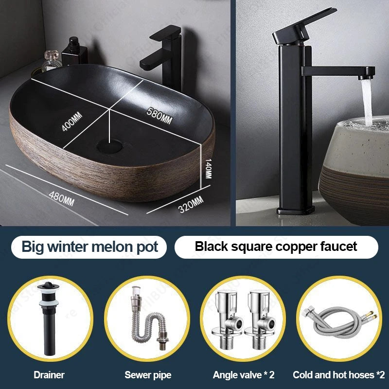 Braunes Porzellan-Keramik-Waschbecken über der Theke, Waschtisch, Schüsselbecken, Badezimmer, Sanitär, Balkon, Tisch, Waschbecken, Arbeitsplatte, ovales Waschbecken