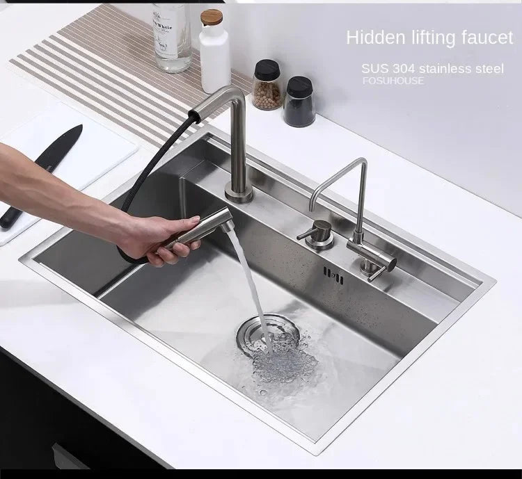 Hidden Stainless Steel Kitchen Sinks Modern Kitchen Accessories with Cover Kitchen Sink Dish Drainer Light Luxury Single Tank L