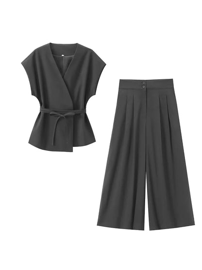 TFMLN Fashion Women's Trouser Suits Sleeveless V-Neck Top With Belt Straight Pants Sets 2025 Spring Summer Commuter 2 Piece Set.