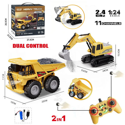 2 In 1 Rc Truck Combination Set Trailer Flat Trucks with 11Ch Excavator Engineer Vehicle 2.4G Remote Control Car Christmas Gifts.