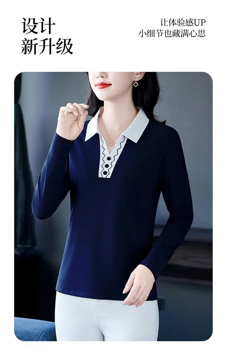 2025 Autumn New Women Clothes Office Lady Simplicity Patchwork Polo-Neck Top Tee Ladies Fashion Loose Buttons Long Sleeve Shirts.