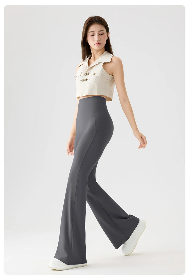 BIVIGAOS Naked Feeling Back Waist Pocket Sharkskin Micro Flared Leggings Women's Tight Sexy Sports Fitness Yoga Casual Pants.