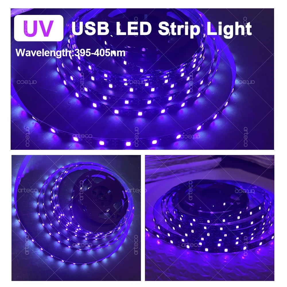 USB UV LED Strip Light Glow in Dark Led Blacklight 385-400nm Ultraviolet UV Lamp For Halloween Fluorescence Party Neon Posters.