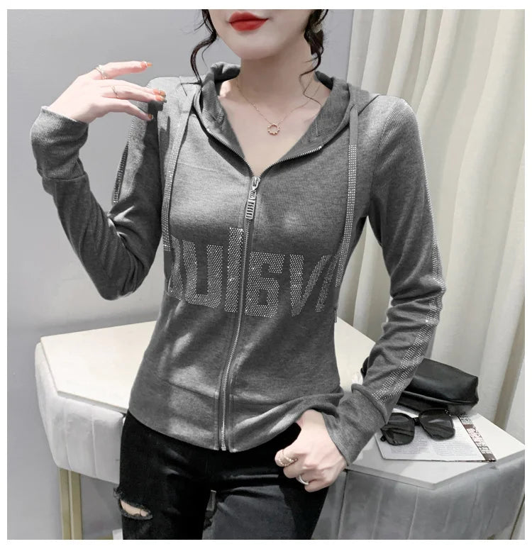 #7937Black Grey Women Hoodies Sweatshirt Tops Pullovers Diamonds Letters Slim Streetwear Short Hoodies Woman Zipper Korean Style.