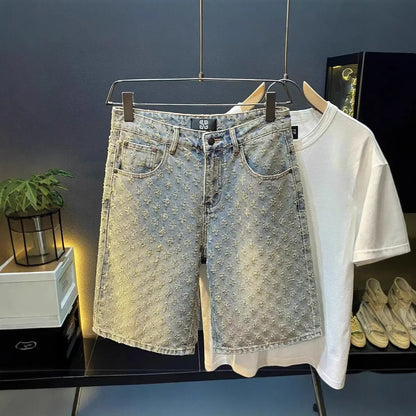 Retro American Casual Vintage Worn Short Jeans Men Straight Loose High Street Five-Point Pants Summer 2025 Distressed Denim.
