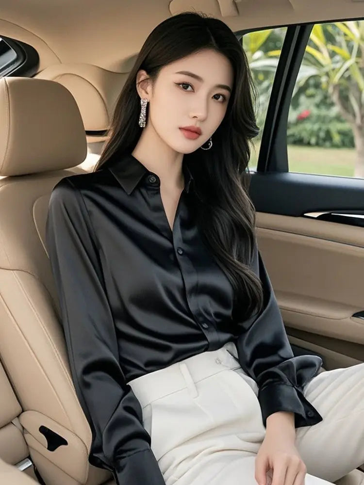 Elegant Silk Office Shirts Women Korean Fashion Y2k Clothes Slim Long Sleeve White Black Blusas Mujer Workwear Tops and Blouses