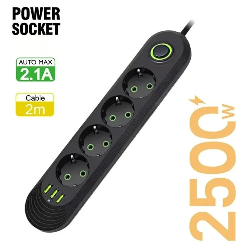 EU-Stecker, 2500 W, Steckdosenleiste mit 3 USB-Anschlüssen, Verlängerungskabel, Steckdose, Verlängerungskabel, runder Stift, AC-Steckdose, elektrischer Ladeadapter.
