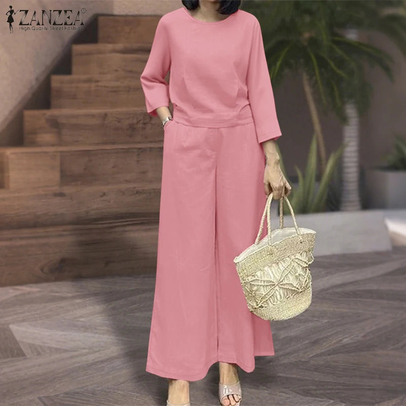 ZANZEA 2025 Women Autumn Matching Sets Solid Outfits Vintage Casual O Neck Long Sleeve Tops Pant Sets Fashion OL Work Tracksuit.