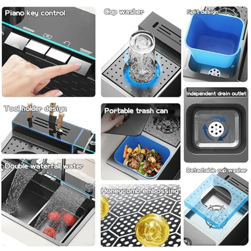 Modern Multifunctional Nano Kitchen Sink with Waterfall Faucet & Accessories for Home Chefs and Families in Contemporary Kitchen
