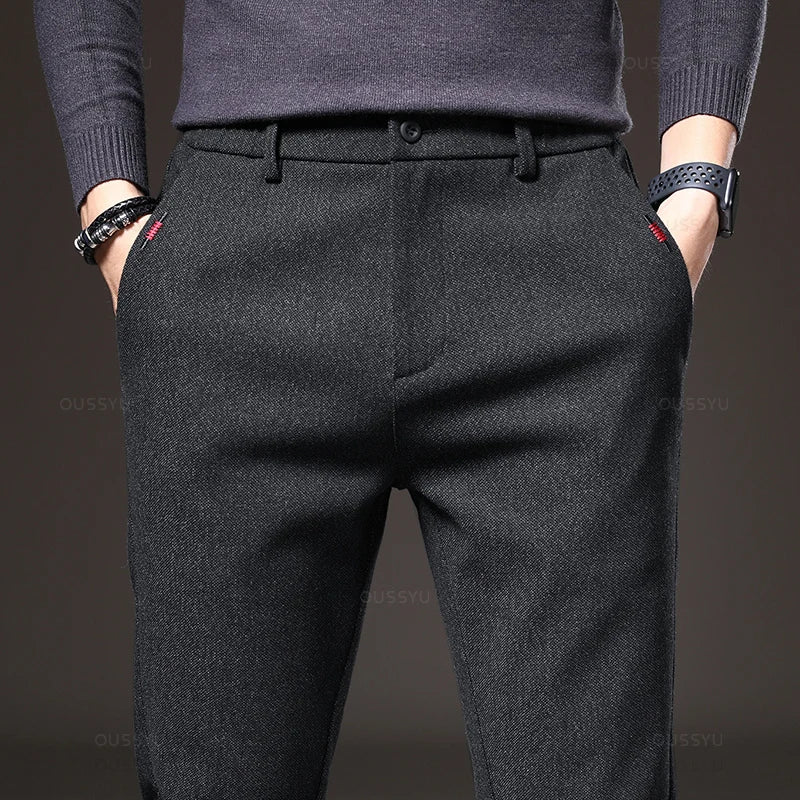 Autumn Winter Men's Brushed Fabric Casual Pants Business Fashion Slim Fit Stretch Thick Gray Blue Black Cotton Trousers Male