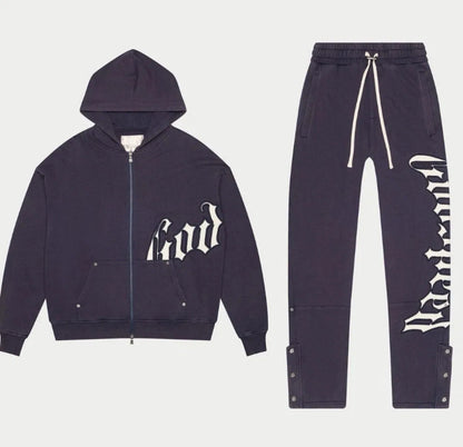 Y2k Retro Zipper Hoodie and Sweatpants 2-piece Set Washed Cotton Men Women Tracksuit Gothic Letter Loose Sweatshirt Jogger Suit.