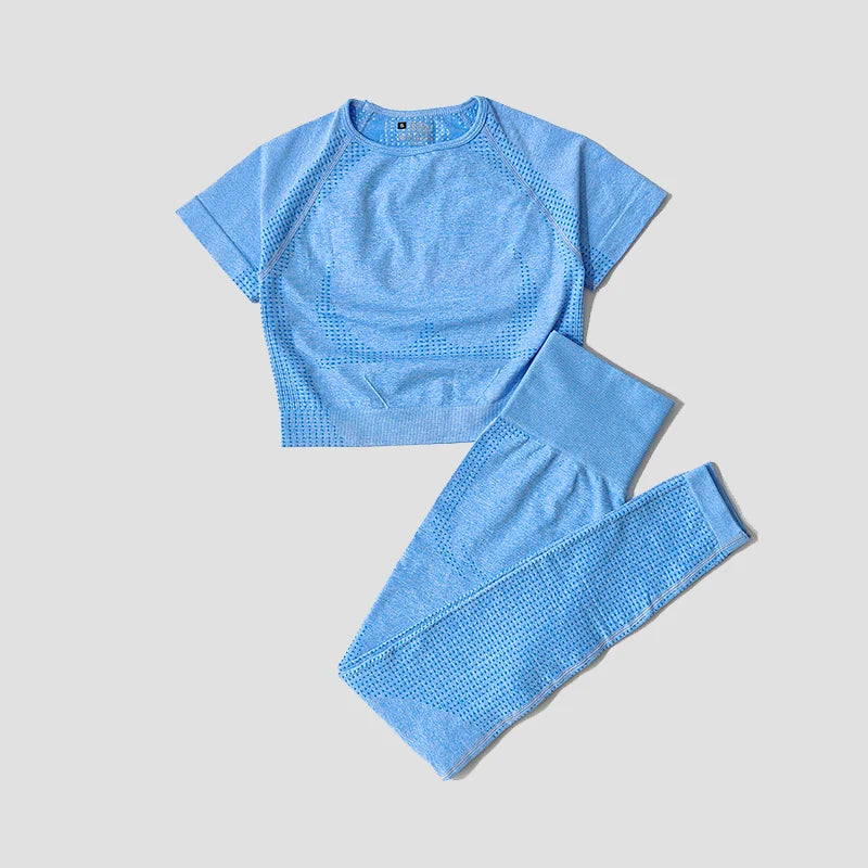 WAREBALL Seamless Yoga Set Women Workout Gym Clothes Fitness Short Sleeve Crop Top Shirt High Waist Leggings Pants Sports Suits