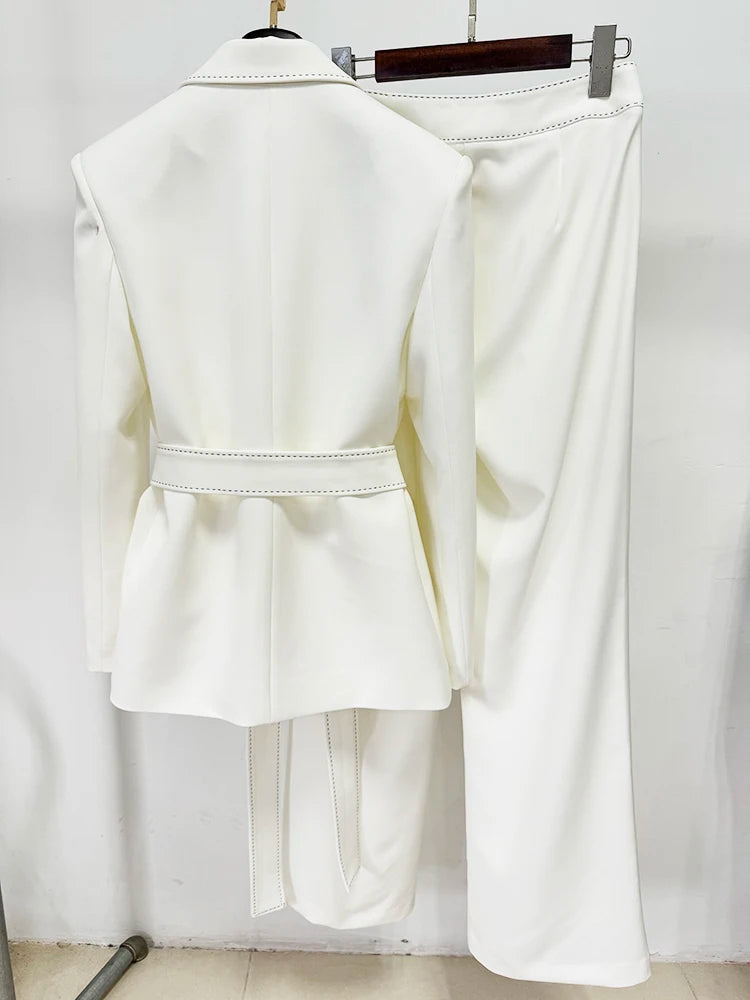 HIGH STREET Newest Fashion 2024 Designer Suit Set Women's Contrast Stitching Belted Blazer Pants Suit 2pcs.