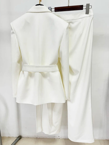 HIGH STREET Newest Fashion 2024 Designer Suit Set Women's Contrast Stitching Belted Blazer Pants Suit 2pcs.