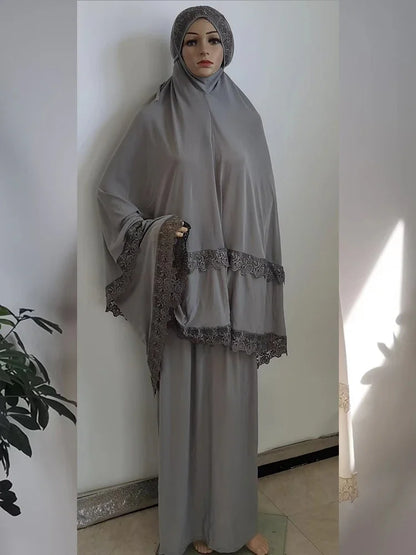 Ramadan  Long Khimar Muslim Abaya Women Prayer Garment Saudi Prayer Dress Lace Trim Silky 2 Piece Skirt Sets Eid Niqab jilbab