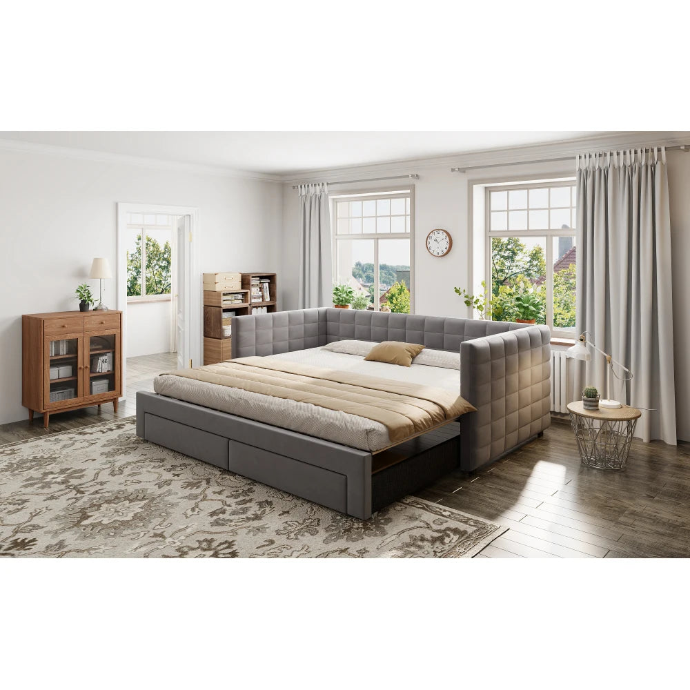 3-in-1 ausziehbares Schlafsofa 90 x 190 cm, Multifunktionsbett mit Schubladen, Einzel-/Doppelbett, Baumwolle und Leinen (Matratze nicht im Lieferumfang enthalten)