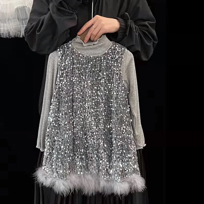 Pailletten Mädchen Prinzessin Kleid Grau Rundhals Ärmellose Feder Weste Kleid Kinder Geburtstag Party Kleid Performance Kleid