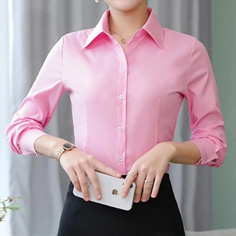 Elegant Women Shirts Woman White Shirt Long Sleeve Blouse Office Lady business Pink Shirts Button Solid Women work Blouses Tops.