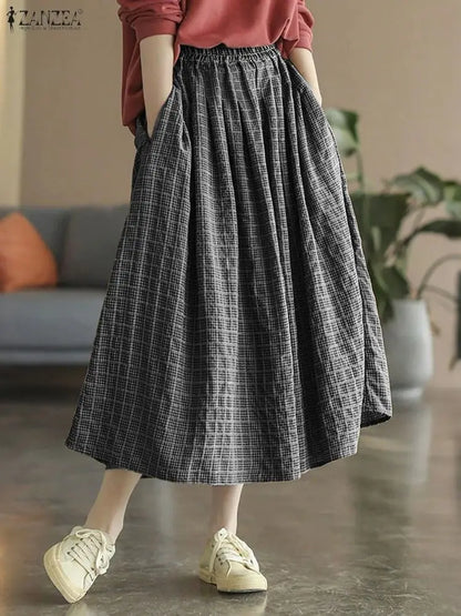 ZANZEA Women's Vintage Gingham Midi Skirts Casual Elastic Waist Gathered A-Line Skirt 2025 Autumn Woman Clothing Bottoms S-3XL.