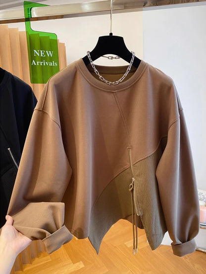 Autumn and Winter Women's Pullover Round Neck Hoodie Lazy Style Splicing Design Loose Long Sleeve Tops