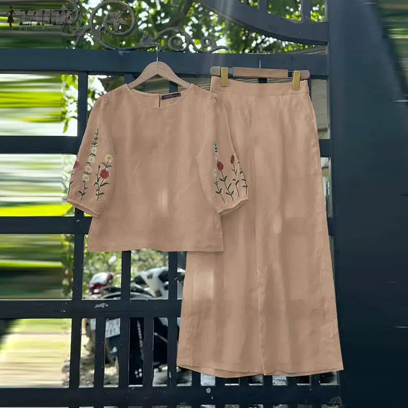 ZANZEA Fashion Women 3/4 Sleeve Embroidery Blouse Pants Sets Autumn 2PCS Floral Tracksuit Casual Loose Wide Leg Trousers Suits.